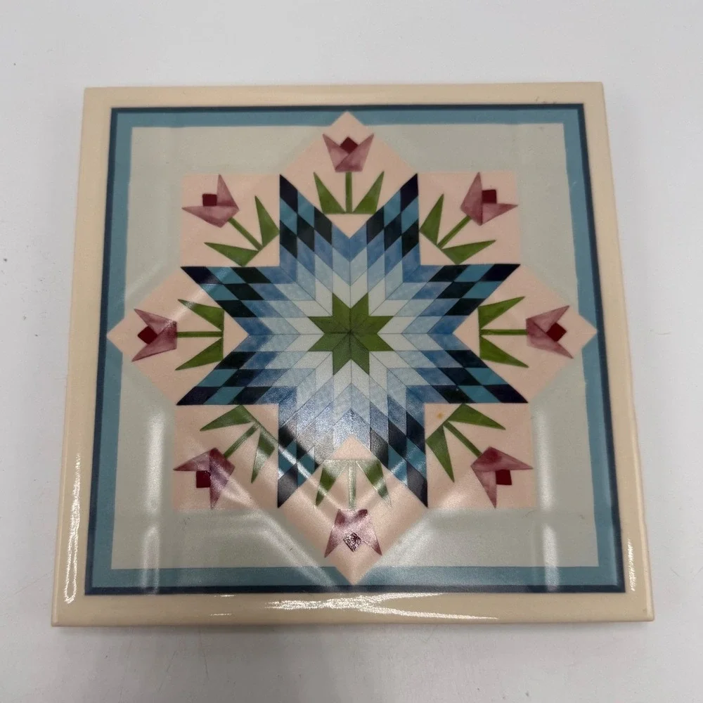 Blue Lone Star Variation Quilt Pattern Ceramic Tile Wall Art Decor 6x6 Inch